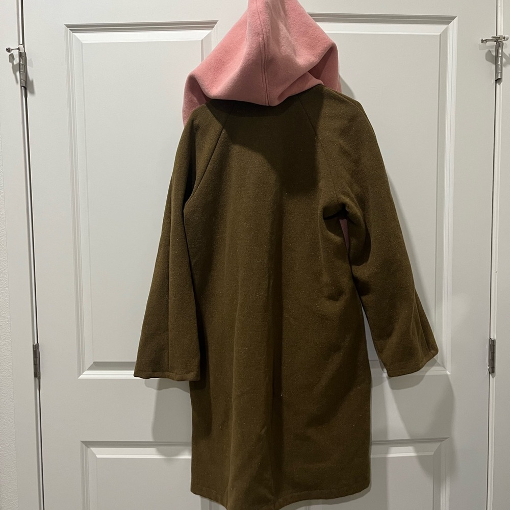 Handmade New Look Pink Hooded Striped Wool-Blend Cape Coat with Olive Sleeves - Picture 2 of 8